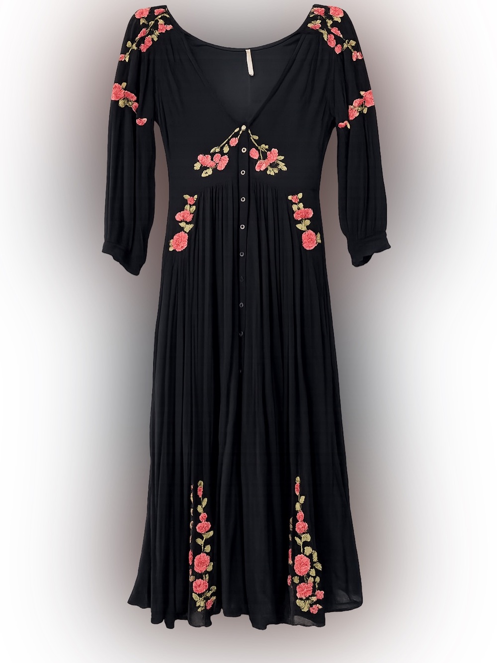 Free People Lightweight Whimsical Boho Embroidered Button-Up Lined Midi Dress